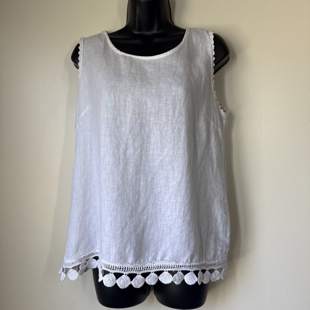 Bellambia Top Women's M White Linen Tank Italy Lace Crochet Lagenlook‎ Beachy